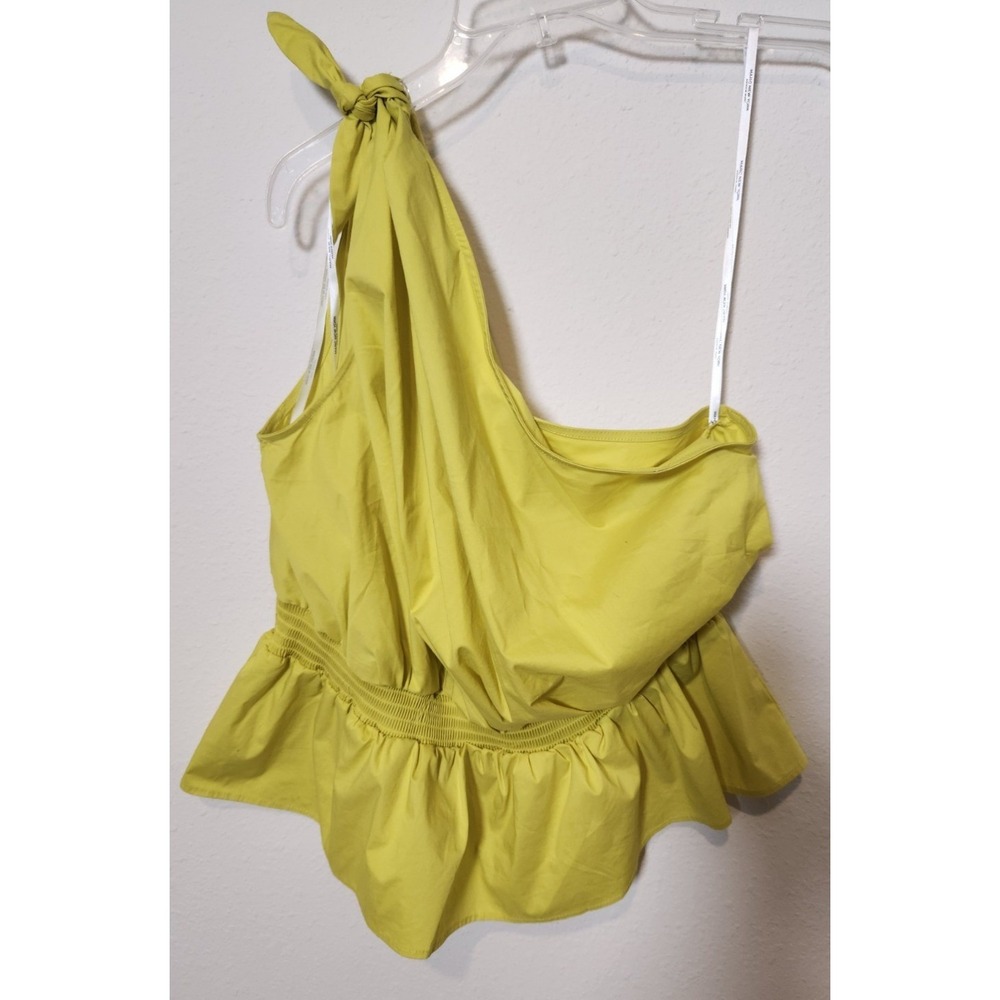 Marc NY Andrew Marc One Shoulder Peplum Blouse Chartreuse Ruffle Smocked Tie